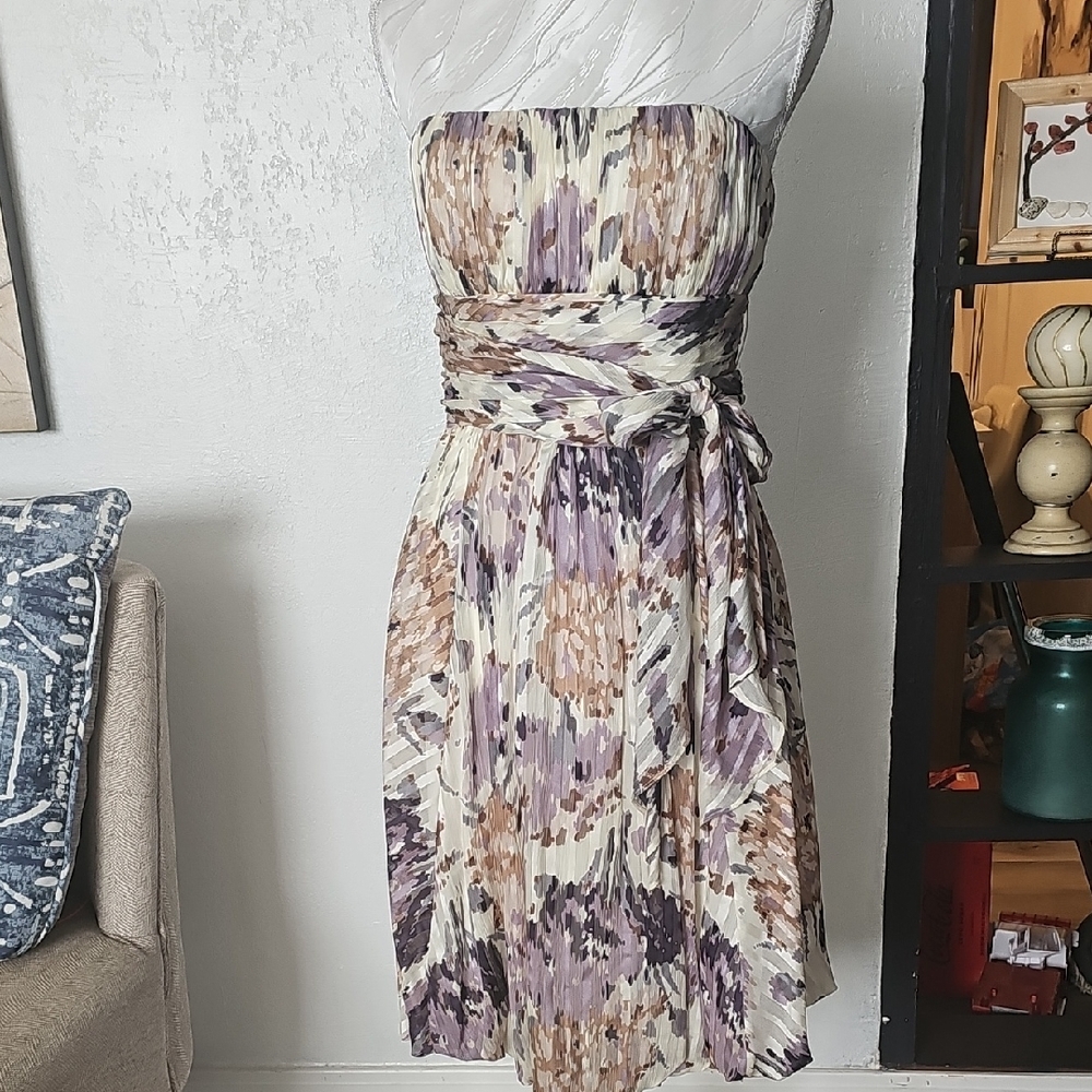 BCBGMaxAzria Strapless Pleated Floral Midi Dress in Lavender & Beige Tones